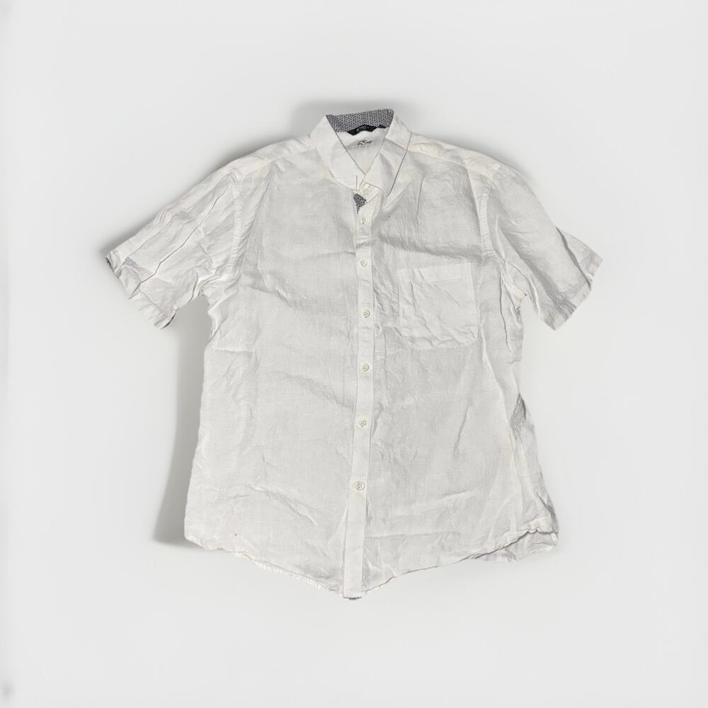 Bohio Men white Linen short sleeve button down shirt Size Large